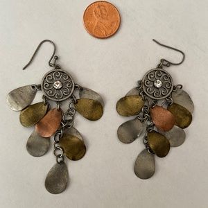 Silver Wired Pierced earrings with three metal hanging 'leaves'